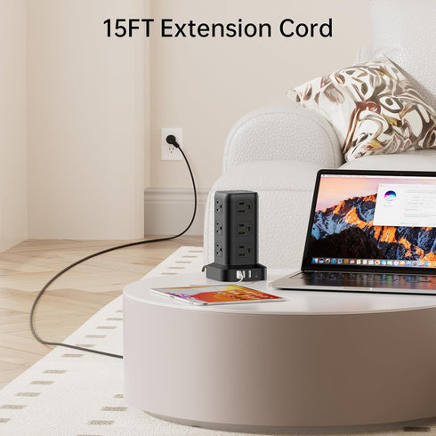 PD20W Surge Protector Power Strip Tower with 15FT Extension Cord, 12 AC & 4 USB (1 USB C) - Office Desk
