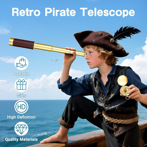 Laupha 25x30 Retro Pirate Telescope Zoomable Spyglass Portable Collapsible Handheld Telescope Vintage Monocular
