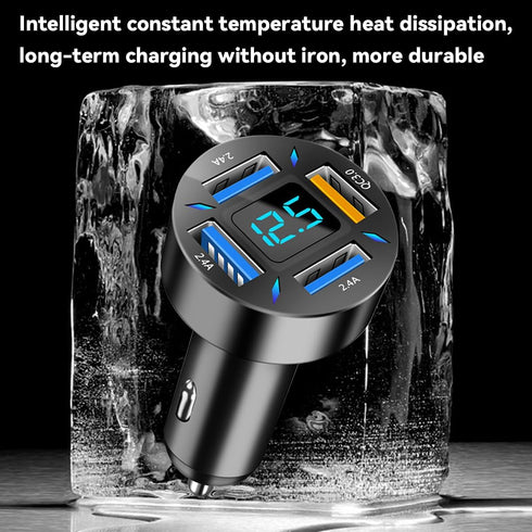 4 Ports USB Car Charger, 66W Super Fast Charging USB QC 3.0 Adapter with LED Voltmeter for Car