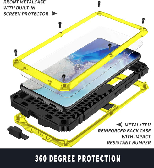 Galaxy S22 Ultra Rugged Case, Metal Bumper with Built-in Screen Protector & Stand, Waterproof Heavy Duty Cover (Yellow)