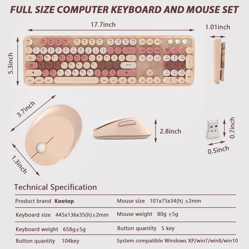 KOOTOP Wireless Keyboard and Mouse, 2.4G Cute Keyboard with Retro Round Keycap for PC, Mac, Laptop, Tablet (Milk Tea)