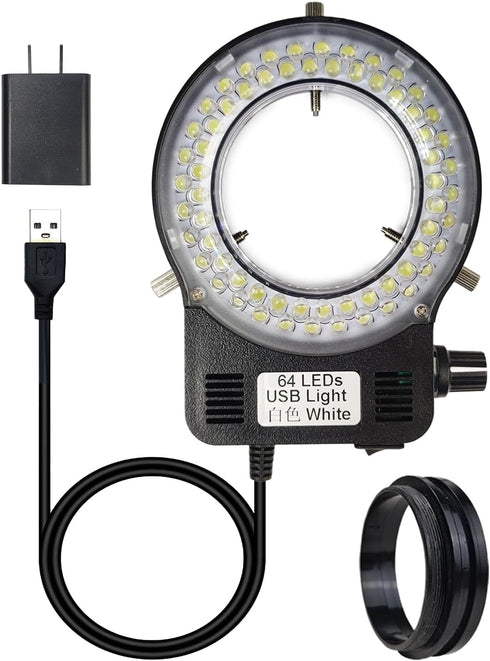 Light Microscope LED Ring Illuminator, Adjustable USB 64 LEDs Ring Light for Lab Stereo Microscope & Camera