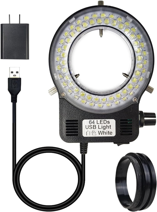 Light Microscope LED Ring Illuminator, Adjustable USB 64 LEDs Ring Light for Lab Stereo Microscope & Camera