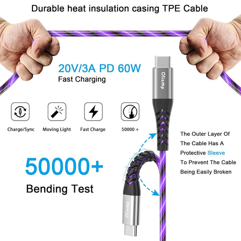 USB C to USB C Fast Charging Cable 6ft 60W 3A with LED Light Up Charger for Samsung Galaxy S23/S22/S21/S20/MacBook Pro