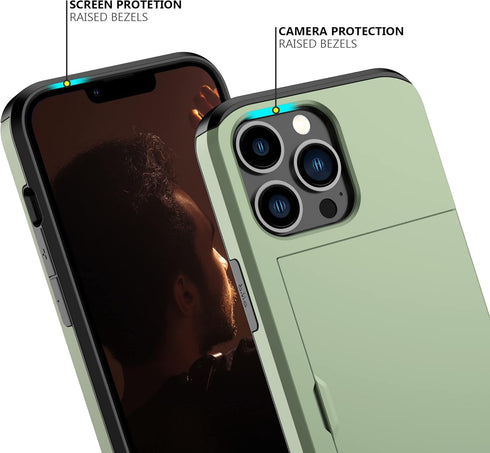Nvollnoe iPhone 13 Pro Case - Heavy Duty, Dual Layer, Shockproof, Slim Wallet with Hidden Card Slot (Green) for Men &