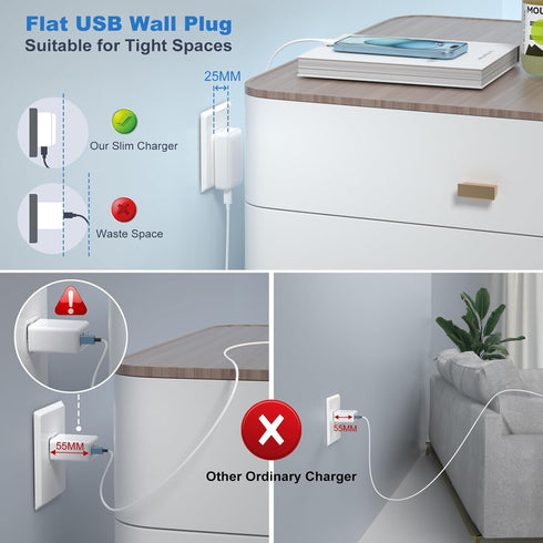 Flat USB C Charger, OKRAY 3-Pack 40W 4-Port Fast Charging Blocks Foldable Wall Plug QC/PD3.0 Type C Phone Charger Multiport Travel Power Adapter for iPhone 15 14 13 12 Pro Max, Galaxy S24 S23 A55 A54