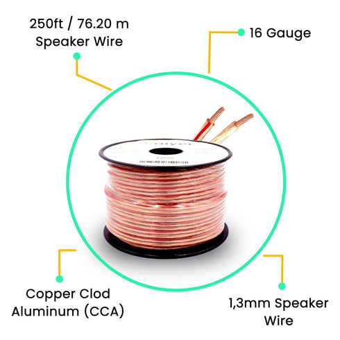 Vaiyer 16 Gauge Speaker Wire Cable - 250 ft 1.3 mm CCA High-Performance Stereo Cable for Car, Home Theater, Surround