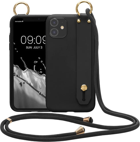 kwmobile Case for Apple iPhone 11 - Soft TPU Phone Cover with Hand Strap Holder and Lanyard in Black