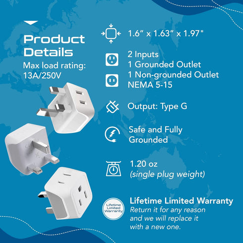 Ceptics UK Travel Plug Adapter, 2 in 1 Type G Adapter, US to UK Adapter with Dual USA Inputs, 3 Pack