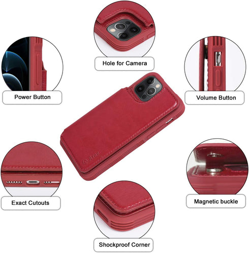 Arae Compatible for iPhone 12 Pro Max Case - Wallet Case with PU Leather Card Holder Back Flip Cover (Wine Red)
