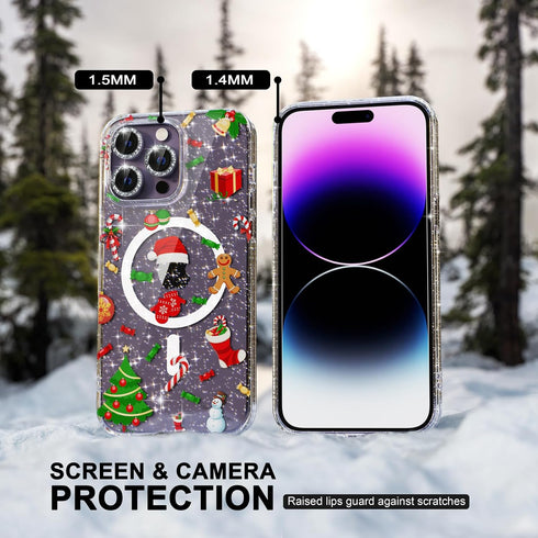 Choiche iPhone 14 Pro Magnetic Case - Glitter Christmas Tree, Clear Bling, with 3x Diamond Lens & 2x Tempered Glass