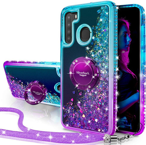 Silverback Galaxy A21 Case, Moving Liquid Holographic Sparkle Glitter Case with Kickstand, Bling Diamond Rhinestone