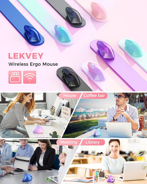 Lekvey Pink Ergonomic Vertical Wireless Mouse, Rechargeable 2.4 GHz USB Optical, 800/1200/1600 DPI, 6 Buttons