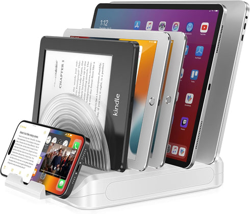 Vertical Laptop Stand for Desk, Adjustable Multi-Device Organizer, 6 in 1 with 360° Rotating Base, White