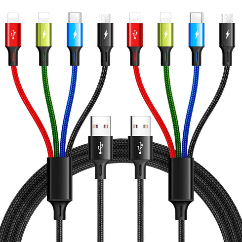 Braided 4 in 1 Multi Charging Cable, 3.5A Fast Charger for Cell Phones/Tablets, IP/Type C/Micro USB, 2Pack 4Ft.