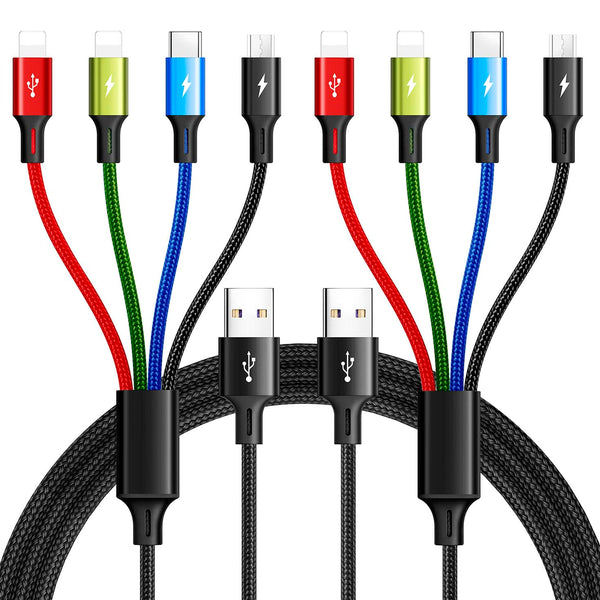 Braided 4 in 1 Multi Charging Cable, 3.5A Fast Charger for Cell Phones/Tablets, IP/Type C/Micro USB, 2Pack 4Ft.