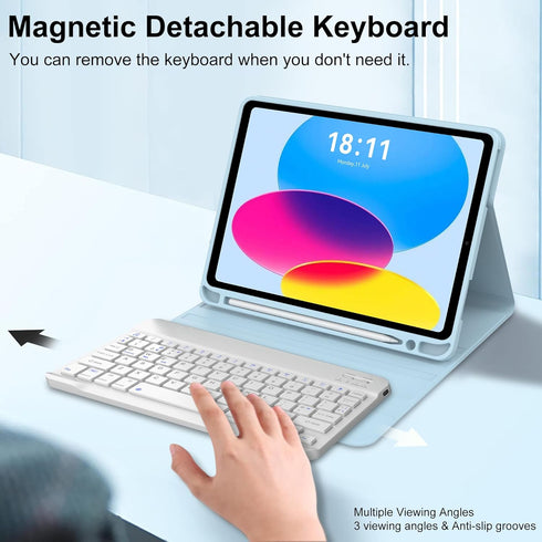KVAGO iPad 10th Generation Case with Keyboard, 10.9 inch 2022, Detachable Wireless Keyboard, Light Blue