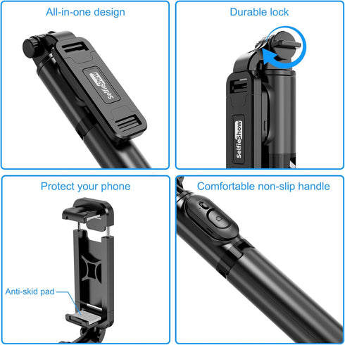SelfieShow Extendable Selfie Stick Tripod with Wireless Remote and Stand, Portable, Lightweight for iPhone 15 14 13 12