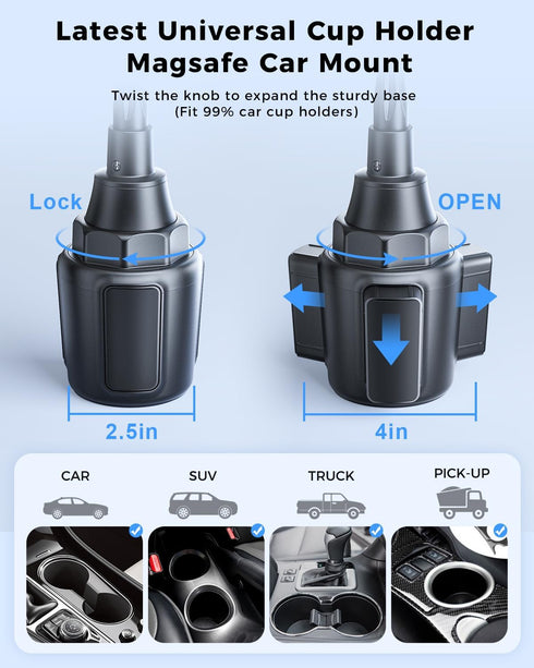 SUPERONE 2024 Newest MagSafe Cup Holder Charger, MagSafe Car Mount Charger 15W Fast Charging with Adjustable Gooseneck