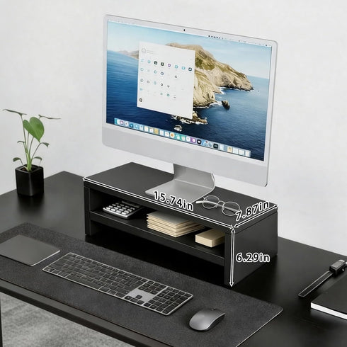 2-Tier 15.7 Inch Wooden Monitor Stand Riser, Desk Shelf with Storage Organizer, Ergonomic Computer Stand, Storage