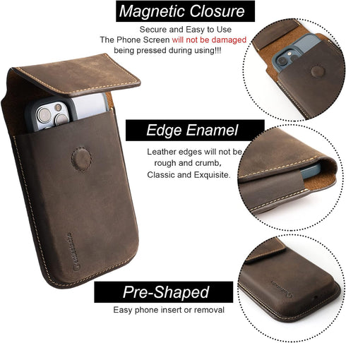 Gentlestache Darkbrown Leather Cell Phone Holster with Belt Clip, Flip Case for iPhone 14/13 Pro Max, Universal Pouch