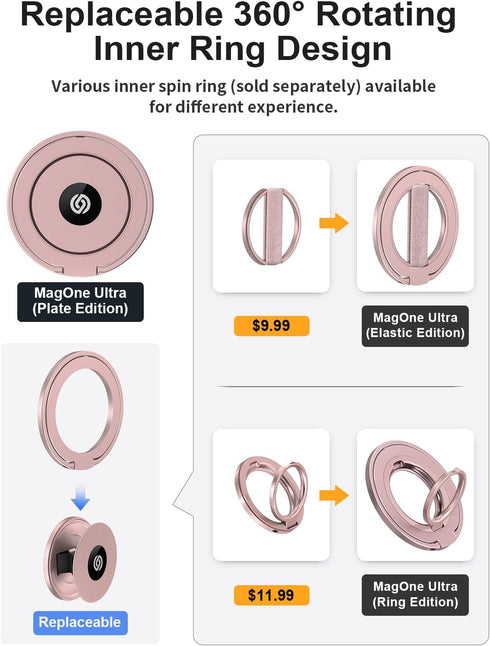 EWA MagOne Ultra (Plate Edition) Phone Grip Stand with Leather Finger Strap, Removable Magnetic Ring Holder Kickstand