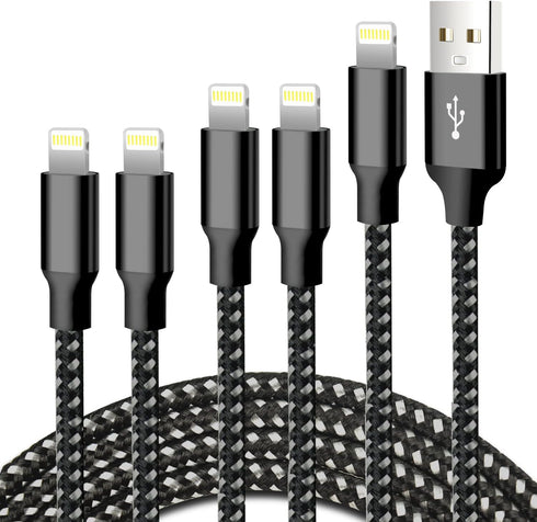 cugunu iPhone Charger, 5 Pack 3/3/6/6/10FT MFi Certified USB Lightning Cable, Fast Charging, Black Gray
