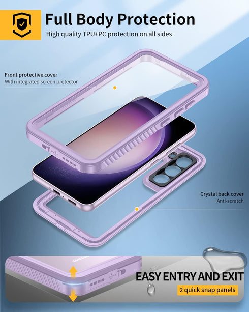 Lanhiem for Samsung Galaxy S23 Case - IP68 Waterproof Dustproof Shockproof with Built-in Screen Protector, Purple/Clear