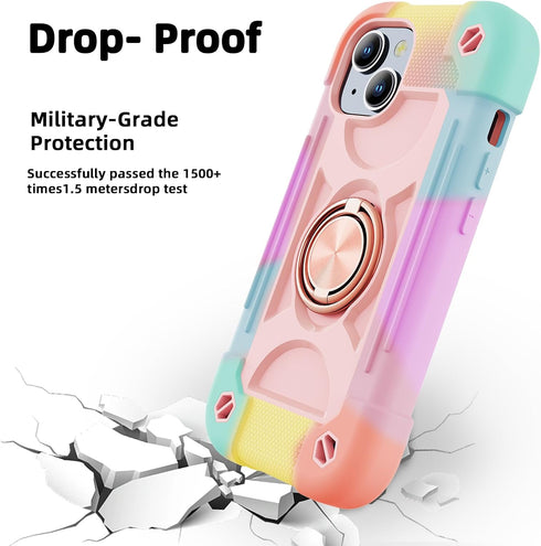 MARKILL iPhone 15 Plus Case (6.7") - Rugged Heavy Duty, Military Grade Drop Protection, Rotate Ring Stand, Rainbow Pink.