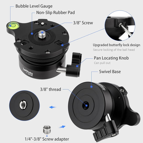 Leftfoto 360 15 10kg/22lbs Precision Tripod Leveling Base Plate Half Ball Leveler with Rotation and +/- Tilt Compatible