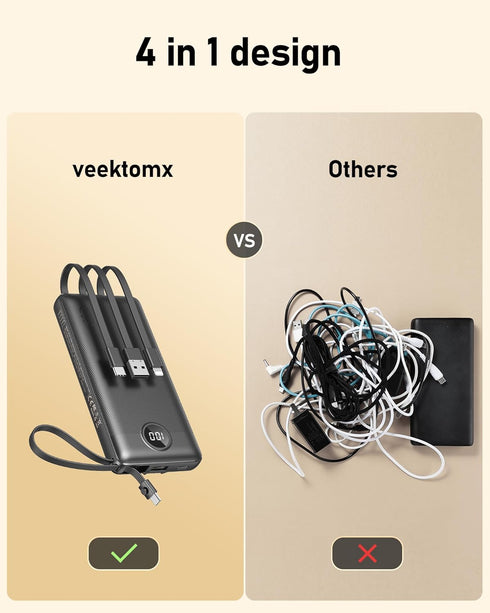 VEEKTOMX Portable Charger with Built-in Cables, 10000mAh Power Bank for iPhone, Slim Fast Charge USB C Battery Pack, Travel Essentials Powerbank Compatible with iPhone 15/14/13, Samsung, Android, etc