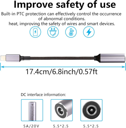 SinLoon PD 100W Laptop Charger Adapter Cable, DC 5.5mm x 2.5mm Female Input to USB Type C Male Power Charging Cable for
