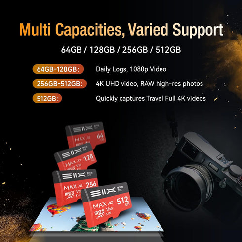 SIX M200 64GB 190MB/s 4K A2, U3, V30 64GB Micro SD Card Read Up to for UHD Continuous Recording - microSDXC Memory Card