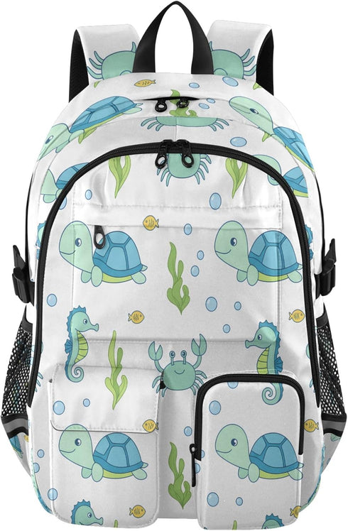 Bolaz Backpack 14 Inch Turtle Seahorse Crab Travel Laptop Computer Bag Sturdy School Bag College Bookbag