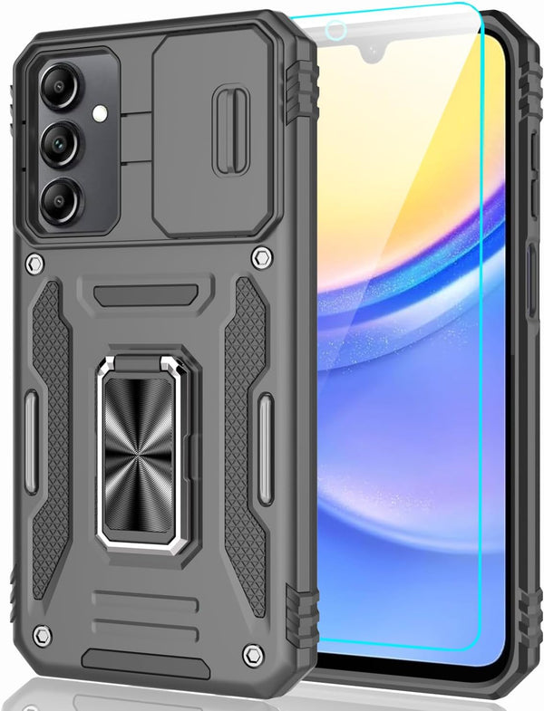Samsung Galaxy A15 5G Case with Sliding Camera Cover & Tempered Glass Screen Protector, Rotatable Ring Holder Kickstand