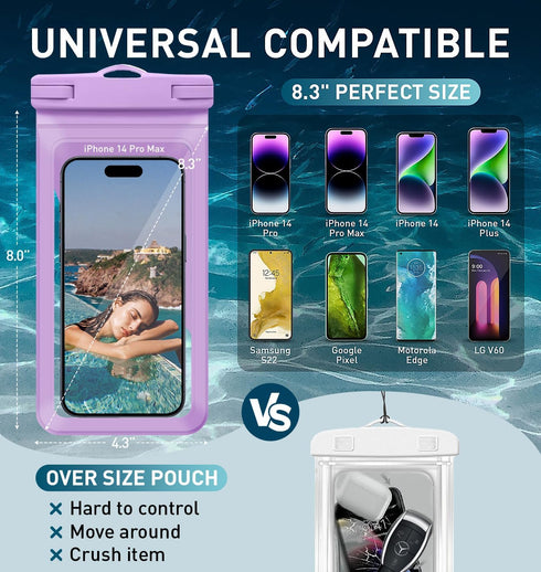 Universal Waterproof Phone Case, with Inside Card Pack, Waterproof Beach Bag for iPhone 15 14 13 Pro Max up to 8.3 , IPX8 Cell Phone Pouch for Cruise Travel Accessories, 2 Pack-Black & Purple