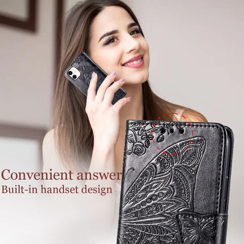 iPhone 11 Wallet Case, Women Flip Folio Cover with Butterfly Embossed PU Leather Stand Card Holder Slots, Magnetic