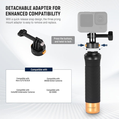 NEEWER Quick Release Floating Hand Grip for Action Camera, Underwater Handle Stick Mount with Detachable Adapter Wrist