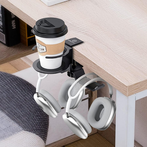 WixGear Headphone Stand, 2 in 1 PC Gaming Headset Stand Cup Holder, with Cable Organizer, 360° Adjustable & Rotating Arm Clamp Headphone Holder, Suitable for All Headphones and Drinks by WixGear