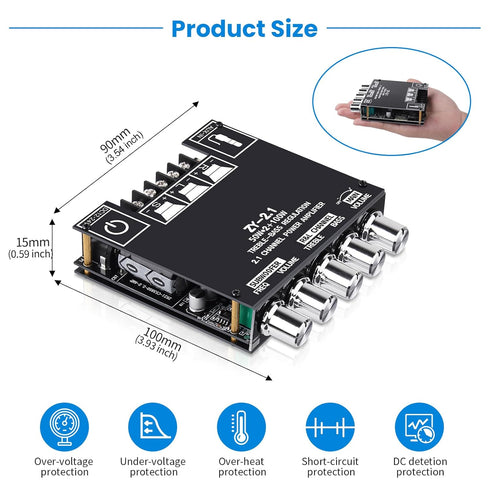 ZY-2.1 2.1CH 50W 2 +100W 5.1 Bluetooth Audio Amplifier Board, x Subwoofer Power Amp with Treble and Bass Control