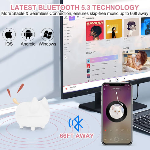 Portable Bluetooth Speaker, Cute Cat Mini Wireless Speaker with Loud Stereo Sound, Built-in Mic, 40H Playtime