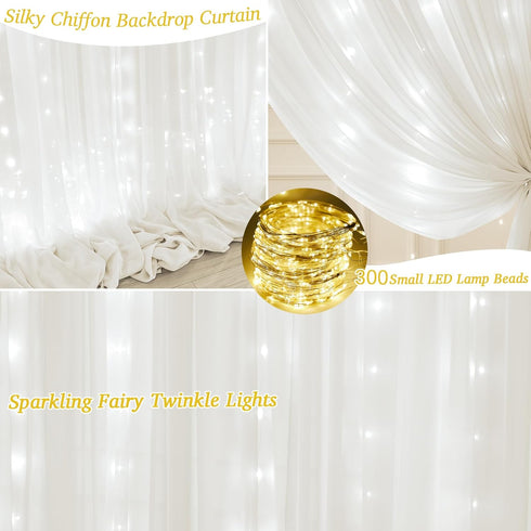 Shillance 10x10ft Cream White Chiffon Backdrop Curtain with Lights String for Wedding Sheer Tulle Curtain Photo