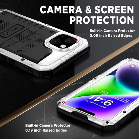 Beasyjoy Waterproof iPhone 14 Case - Metal Heavy Duty Full Body Protective Case with Built-in Screen Protector, Silver