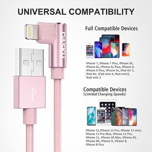 90 Degree Right Angle iPhone Charger 10Ft - 2 Pack MFi Certified Lightning Cable for iPhone 14, 13, 12, 11, iPad (Pink)