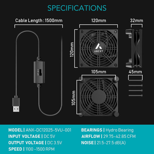USB Router Fan with 1000mm Extension Cable, 3-Speed Adjustable Controller, 120mm x 25mm Cooling Case Fan