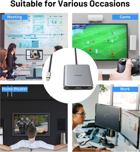 Fairikabe Mini DisplayPort to Dual HDMI Adapter, 4K@60Hz, MST, SST, for Laptop, PC, Monitor, Projector and More