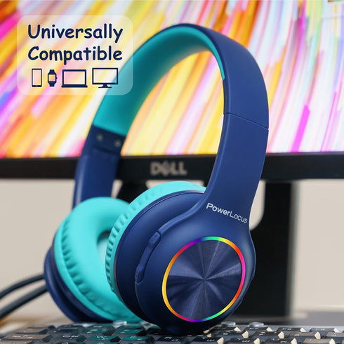 PowerLocus PLED Kids Bluetooth Headphones, Wireless with LED Lights, Safe Volume, Micro SD, AUX Cable, Hi-Fi Stereo for
