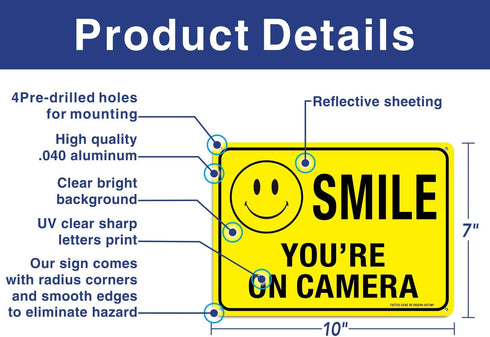 (2 Pack) Faittoo Smile You're On Camera Sign, Reflective 10x7 Rust Free Aluminum for Indoor & Outdoor Use