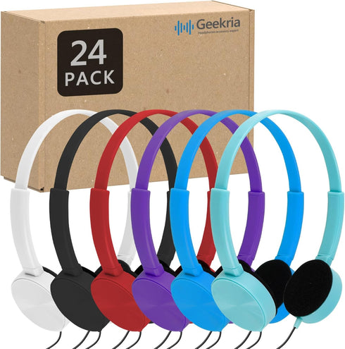 GEEKRIA 24 Pack Wired Headphones, Adjustable On-Ear Headphones, Kids Headphones for Schools, Bulk Pack