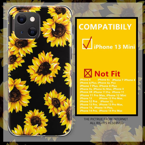Case for iPhone 13 Mini, Sunflower Floral Pattern, Shockproof Soft Silicone Slim Cute Yellow Flower Case